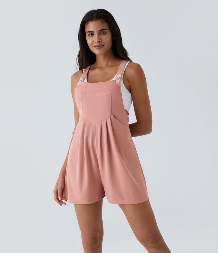 Salopette décontractée gaufrée à plis, boutons, bretelles réglables et multiples poches