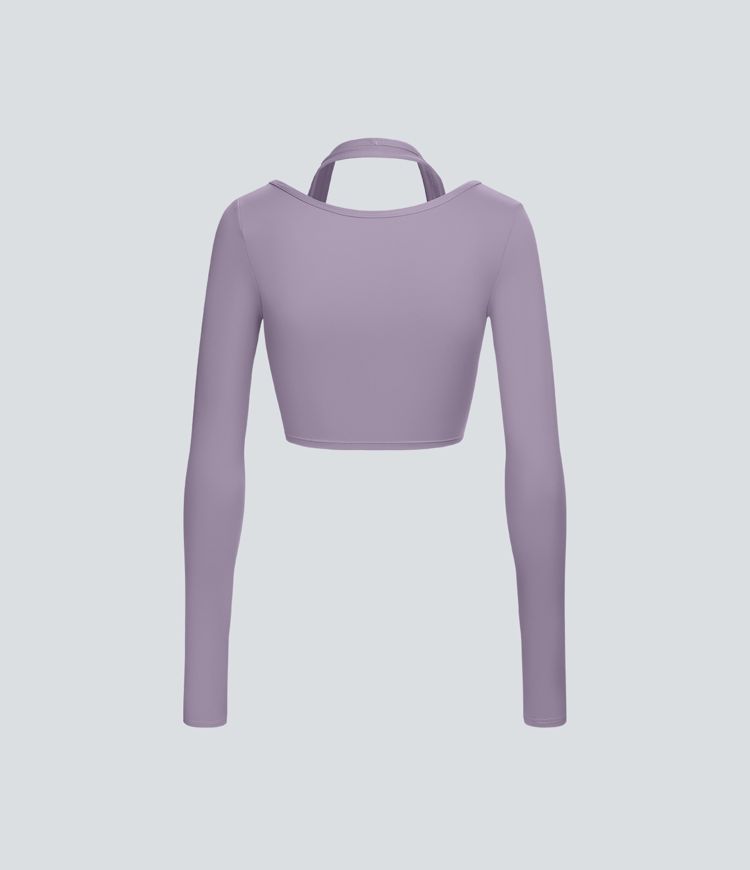 SoftlyZero™ Plush Halter Thumb Hole Long Sleeve Cropped 2-in-1 Yoga Sports Top
