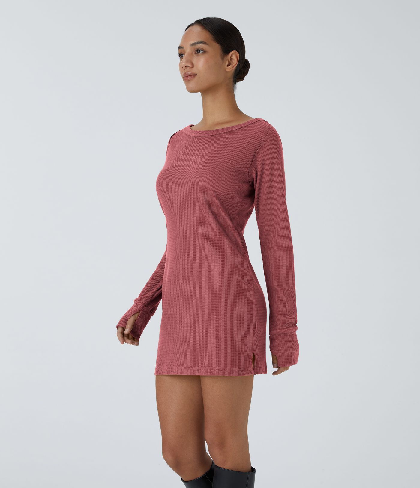 Boat Neck Raglan Sleeve Thumb Hole Hem Waffle Casual Sweatshirt Dress