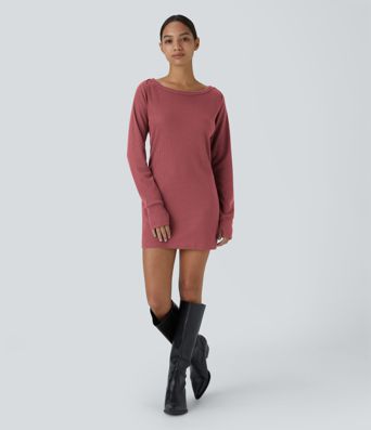 Boat Neck Raglan Sleeve Thumb Hole Hem Waffle Casual Sweatshirt Dress