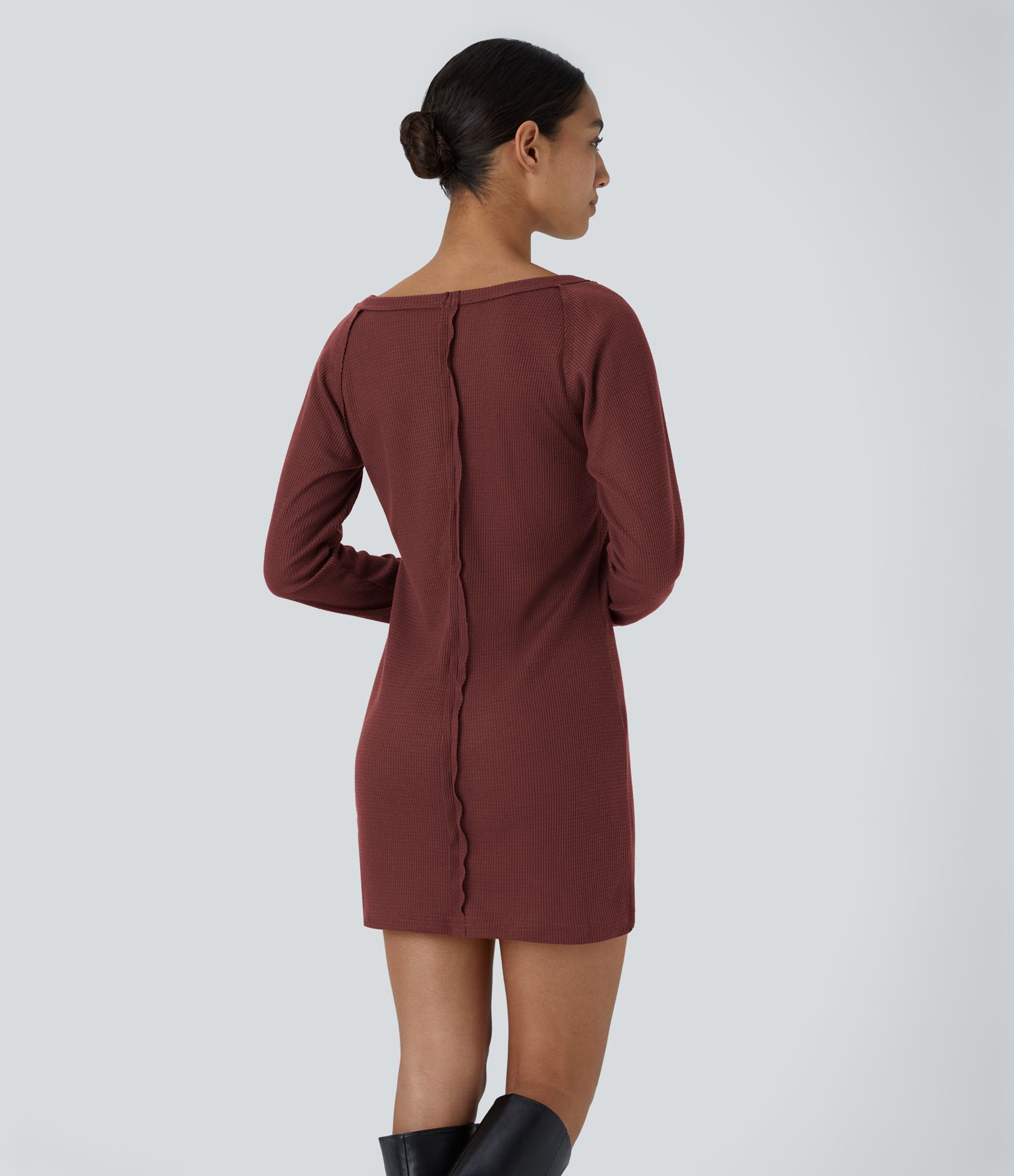 Boat Neck Raglan Sleeve Thumb Hole Hem Waffle Casual Sweatshirt Dress