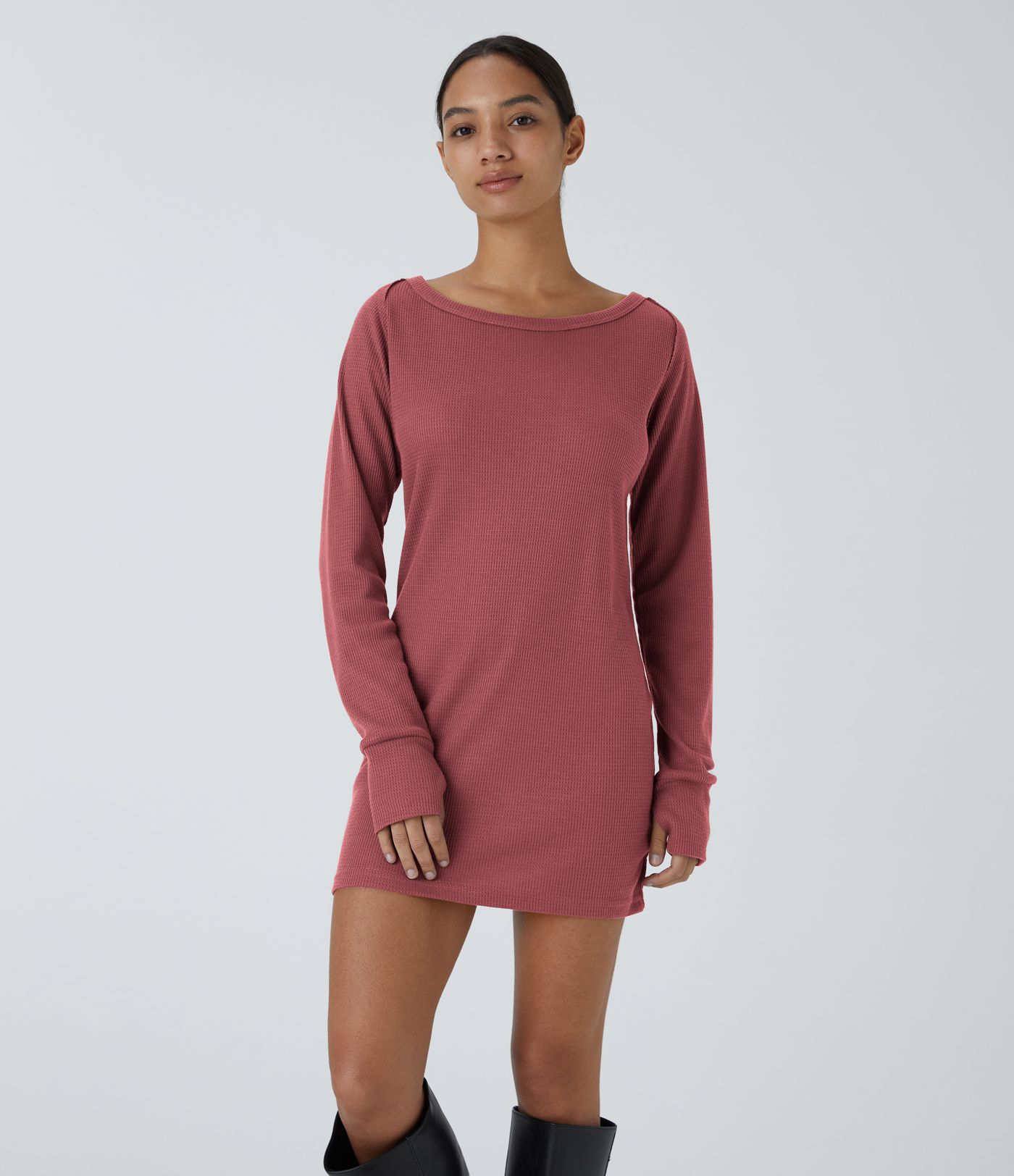 Boat Neck Raglan Sleeve Thumb Hole Hem Waffle Casual Sweatshirt Dress