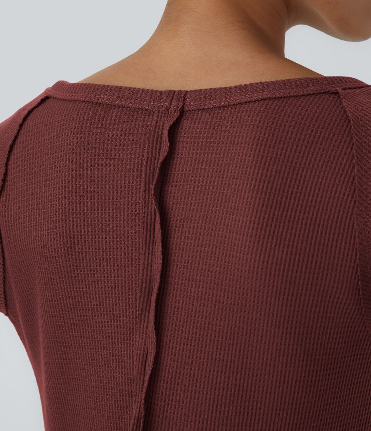 Boat Neck Raglan Sleeve Thumb Hole Hem Waffle Casual Sweatshirt Dress