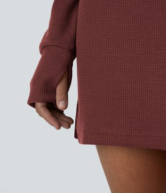 Boat Neck Raglan Sleeve Thumb Hole Hem Waffle Casual Sweatshirt Dress