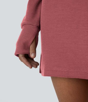 Boat Neck Raglan Sleeve Thumb Hole Hem Waffle Casual Sweatshirt Dress