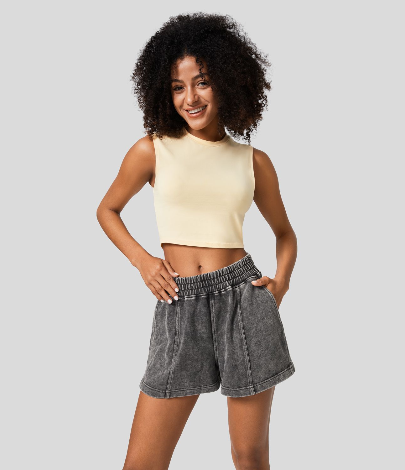 Short en Coton Casual Lavés à Taille Mi-haute avec Poches Latérales et Fente
