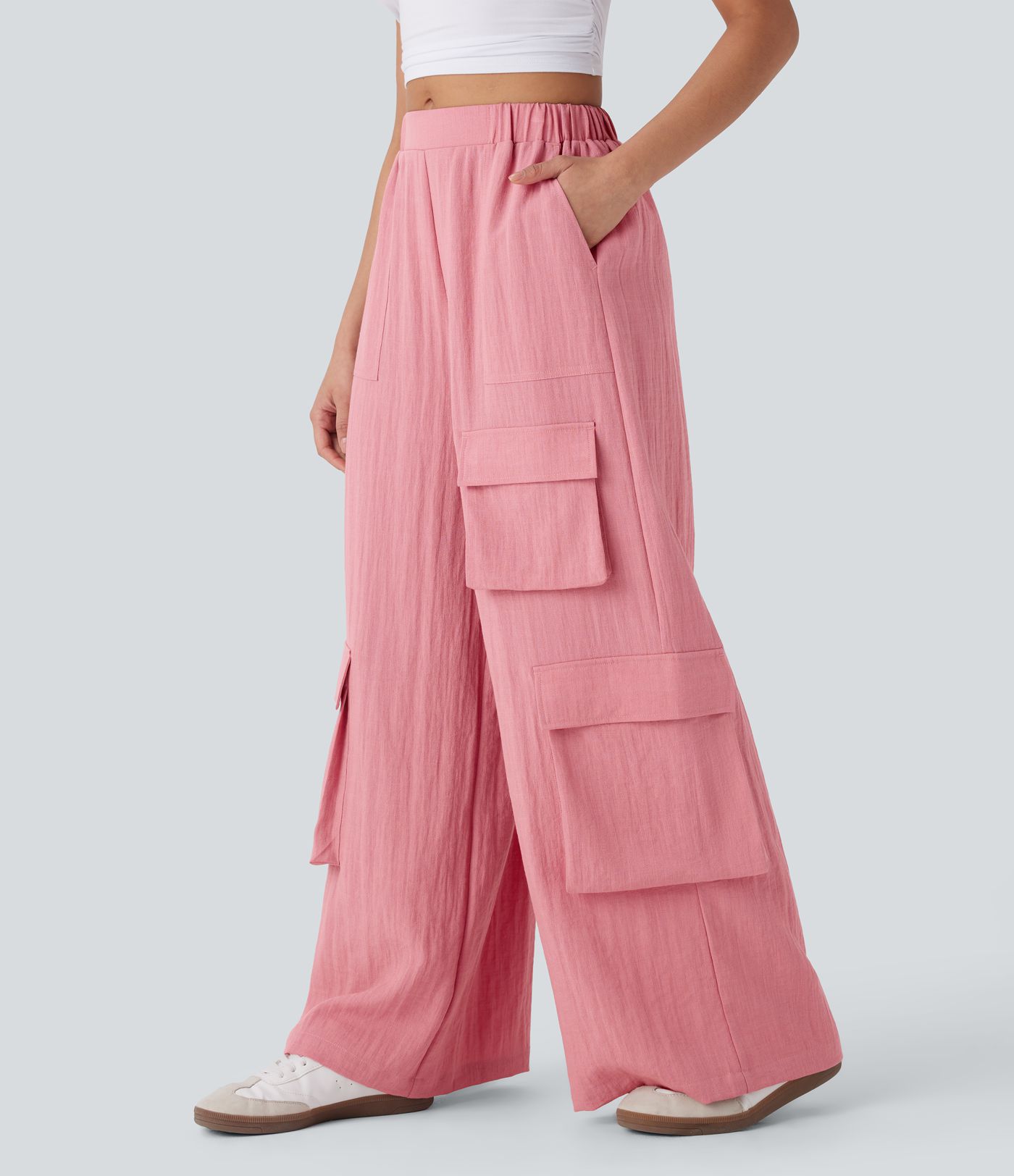 High Waisted Pockets Wide Leg Work Linen-Feel Cargo Pants