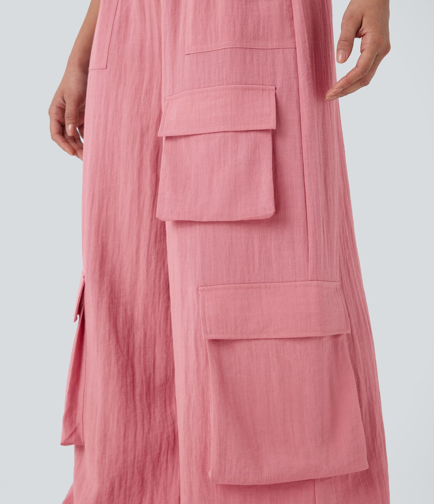 High Waisted Pockets Wide Leg Work Linen-Feel Cargo Pants