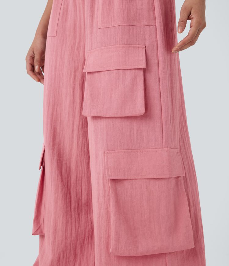 Pantalón cargo oficina tiro alto múltiple bolsillo pierna ancha tacto lino