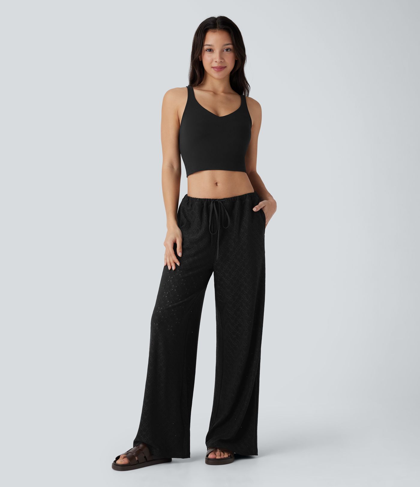 Low Rise Drawstring Pocket 2-in-1 Wide Leg Eyelet Embroidery Casual Pants