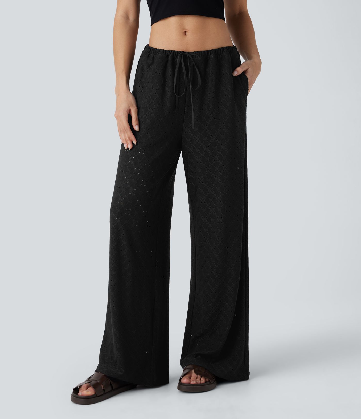 Low Rise Drawstring Pocket 2-in-1 Wide Leg Eyelet Embroidery Casual Pants