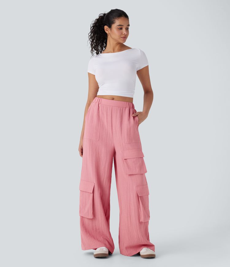 Pantalón cargo oficina tiro alto múltiple bolsillo pierna ancha tacto lino