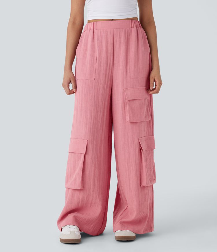 Pantalón cargo oficina tiro alto múltiple bolsillo pierna ancha tacto lino