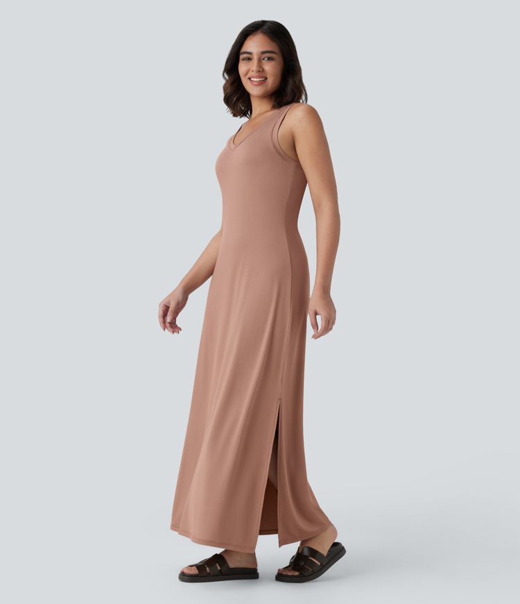 V Neck Split Maxi Casual Tank Dress