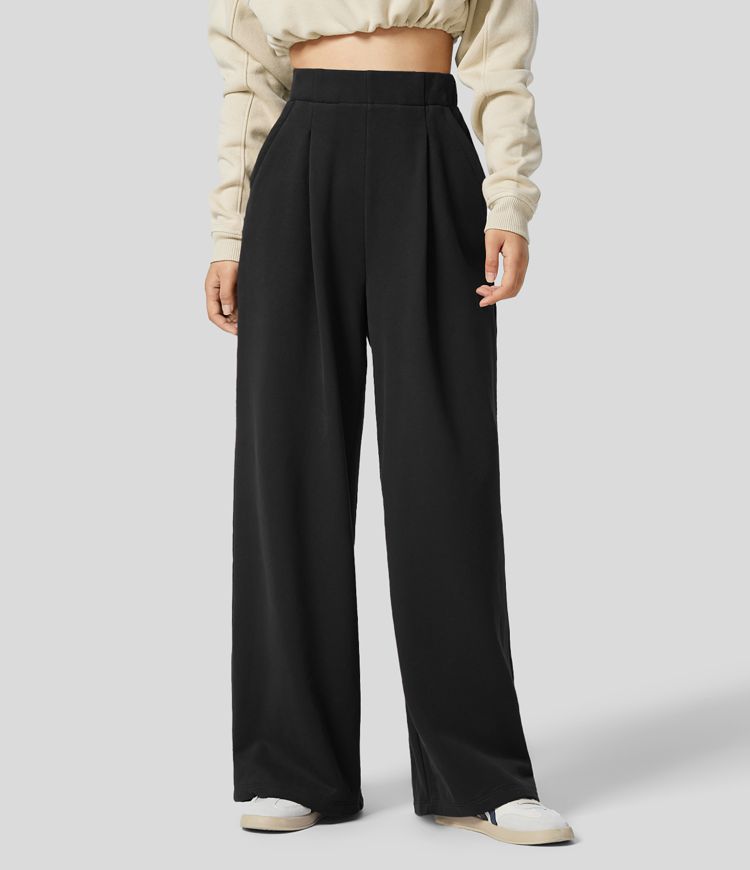 Pantalon Coton Casual Taille Haut Thermique Jambes Larges Poche Latérale Plissée en Fleece 