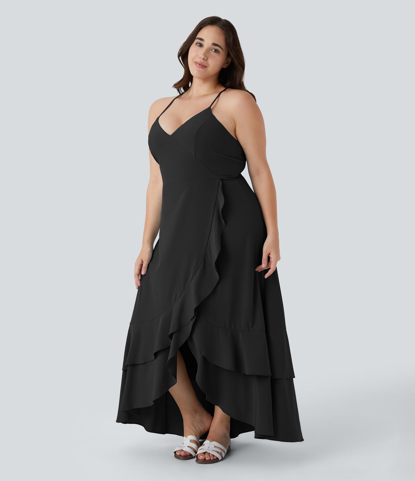 Breezeful™ Backless Crisscross Lace Up Side Zipper Ruffle Split Hem Maxi Quick Dry Casual Plus Size Dress