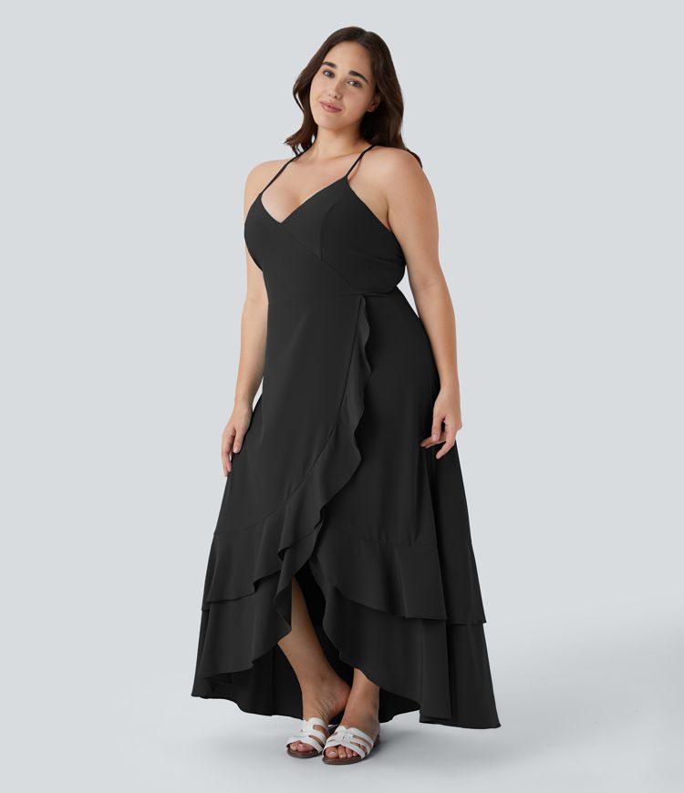 Breezeful™ Lace Up Side Zipper Ruffle Hem Maxi Quick Dry Casual Plus Size Dress