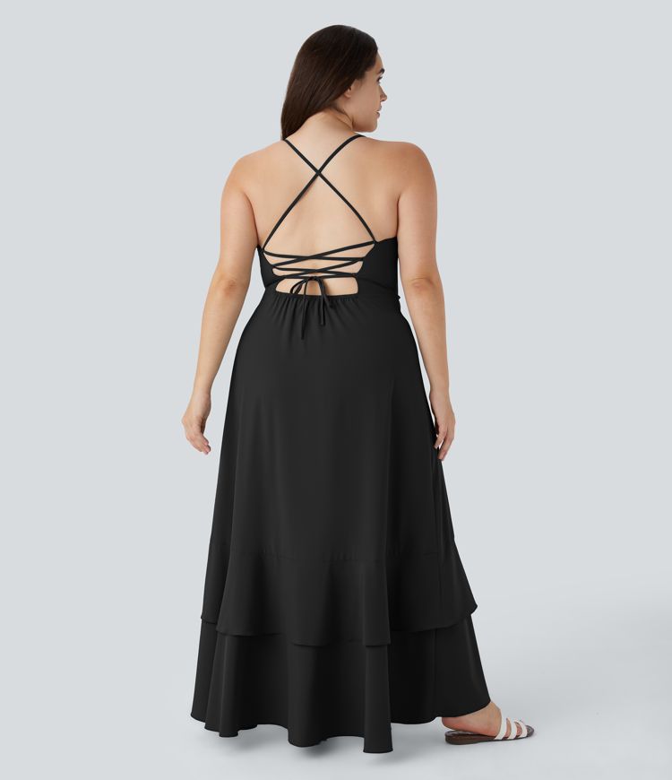 Breezeful™ Lace Up Side Zipper Ruffle Hem Maxi Quick Dry Casual Plus Size Dress