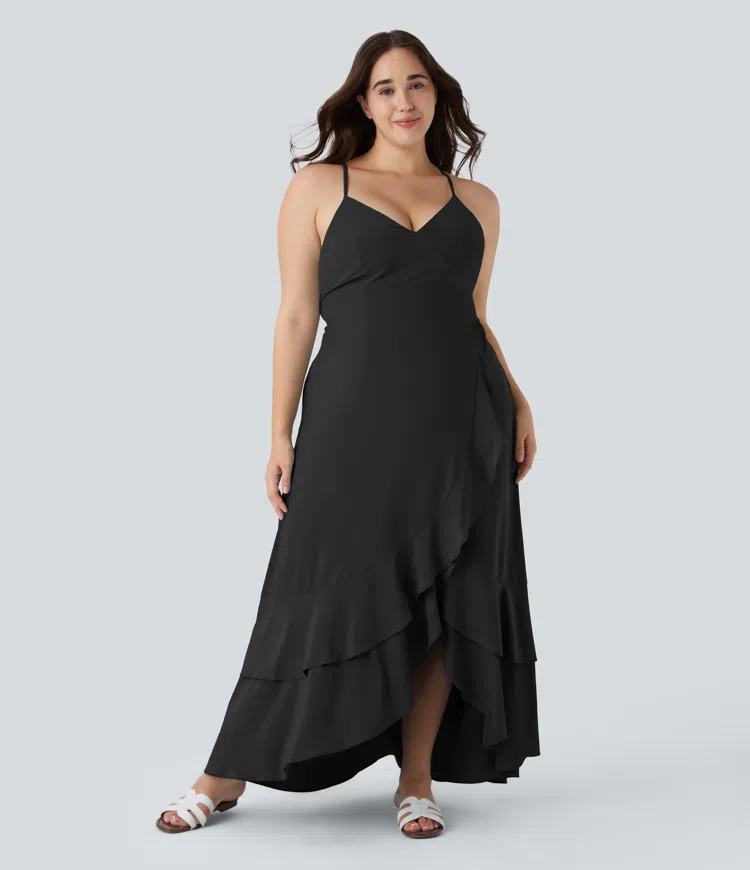 Breezeful™ Lace Up Side Zipper Ruffle Hem Maxi Quick Dry Casual Plus Size Dress