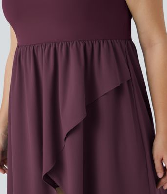 Breezeful™ Backless Asymmetric Crossover Hem 2-Piece Side Pocket Flowy Midi Quick Dry Casual Plus Size Dress