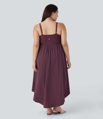 Breezeful™ Backless Asymmetric Crossover Hem 2-Piece Side Pocket Flowy Midi Quick Dry Casual Plus Size Dress