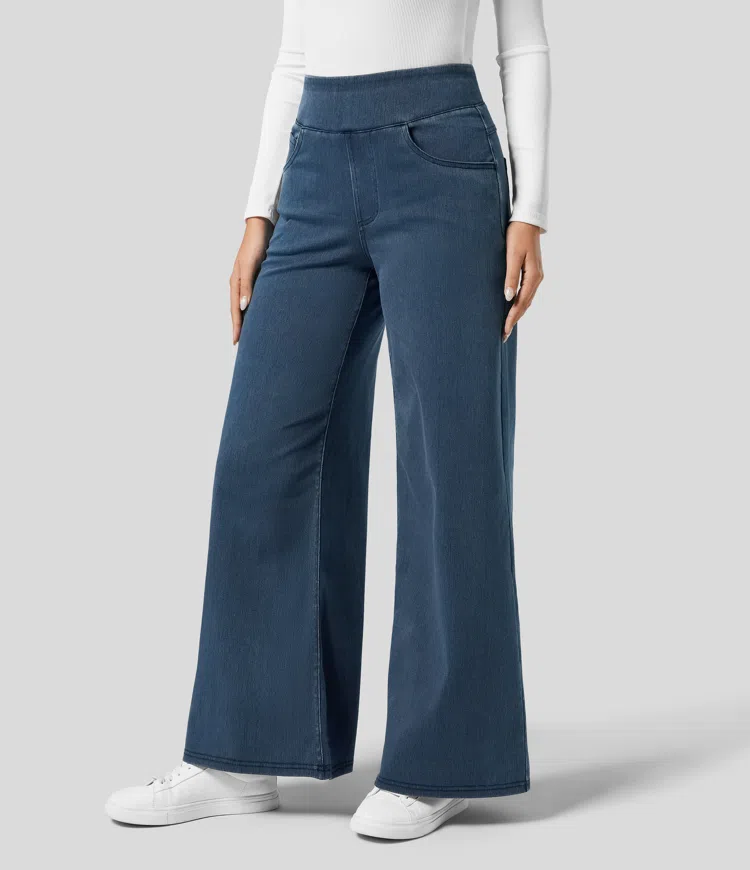 Jeans Halara Flex™ Denim anchos elásticos de tiro alto y holgados con múltiples bolsillos