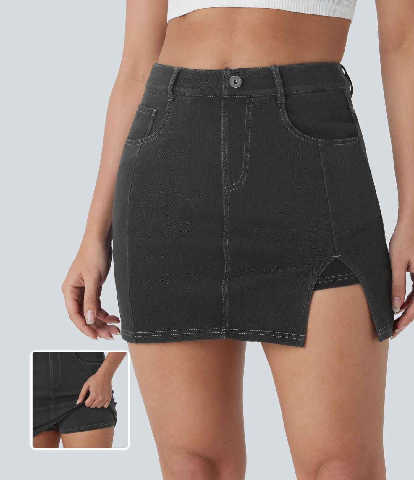 Mini Falda Halara Flex™ Denim vaquera elástico lavado 2 en 1 múltiple bolsillo tiro alto abertura