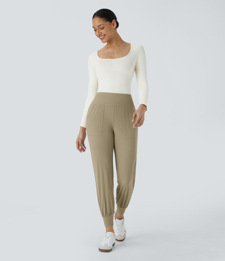 High Waisted Plain Side Pocket Casual Joggers