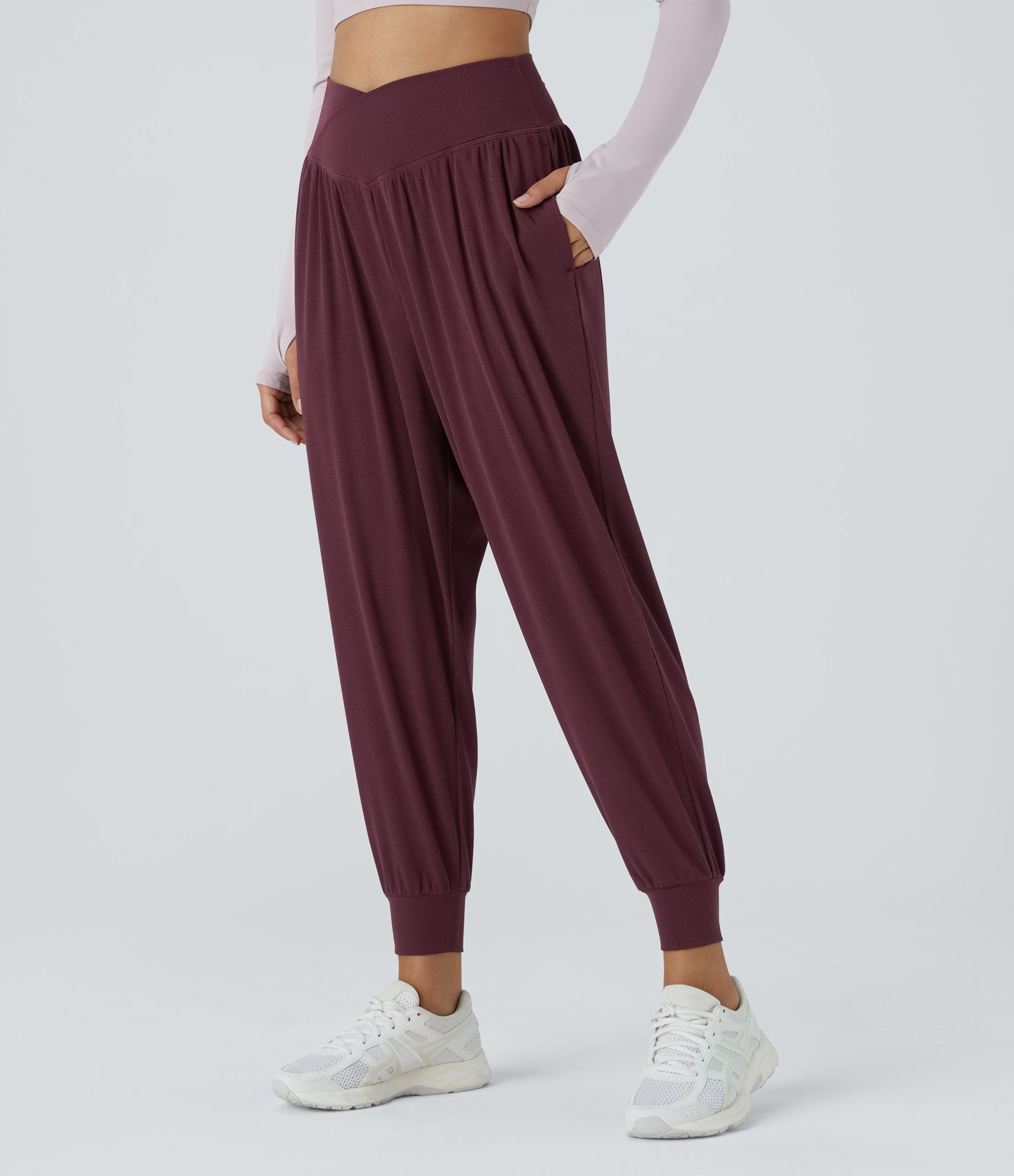 Pantalón yoga tiro alto cruzado pliegue bolsillo lateral