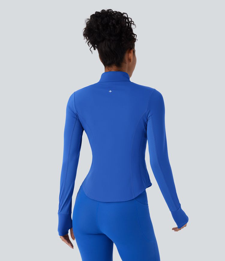 Veste de yoga SoftlyZero™ à contraste doux, perforée, avec trou pour le pouce, ourlet incurvé et fermeture éclair