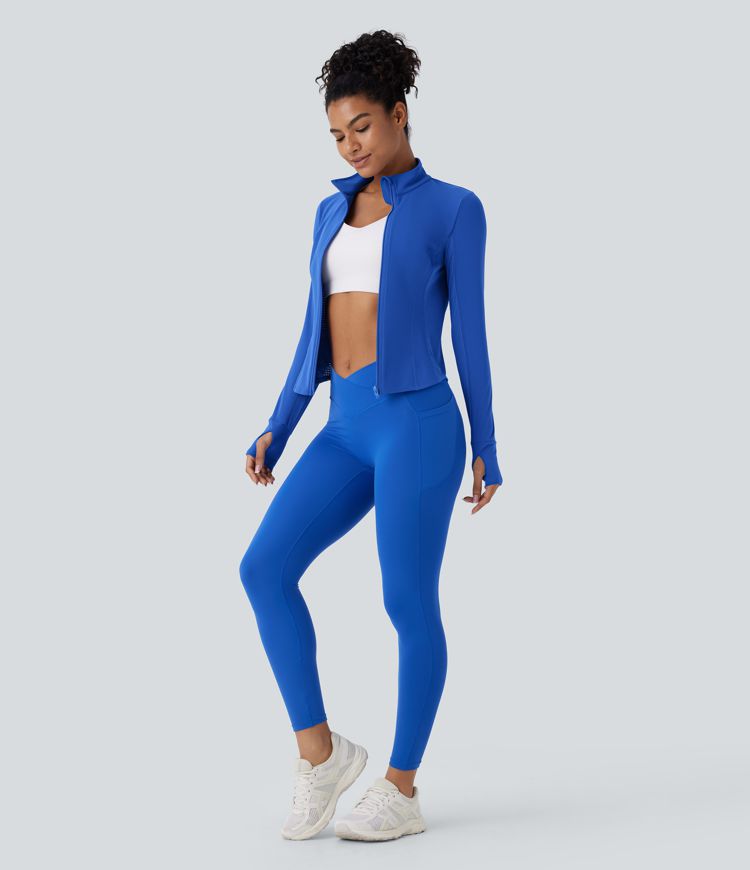 Veste de yoga SoftlyZero™ à contraste doux, perforée, avec trou pour le pouce, ourlet incurvé et fermeture éclair