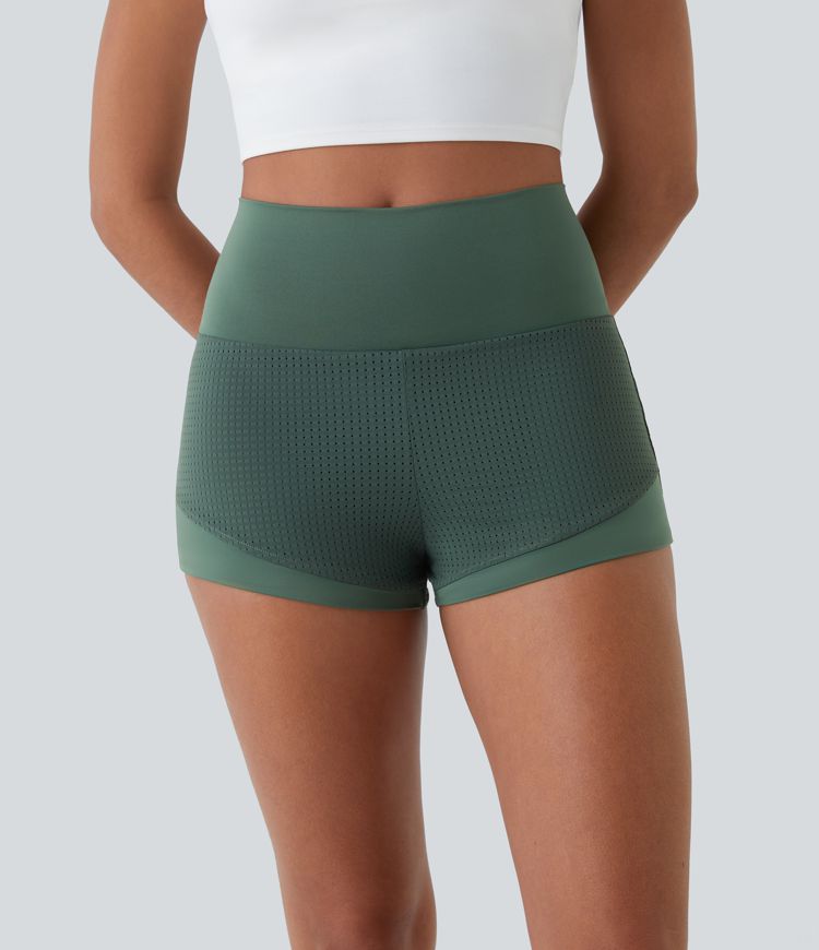 High Waisted Mesh Back Waistband Pocket 2-in-1 Casual Shorts 2"