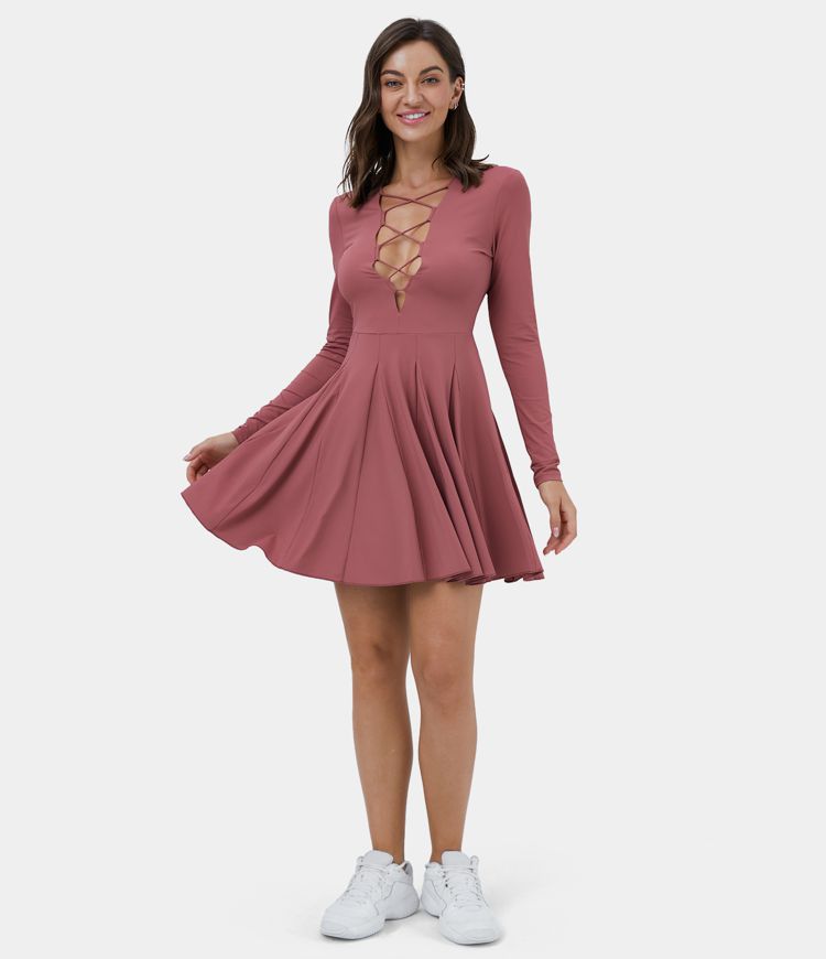Women's Crisscross Lace Up Long Sleeve Flare Mini Dance