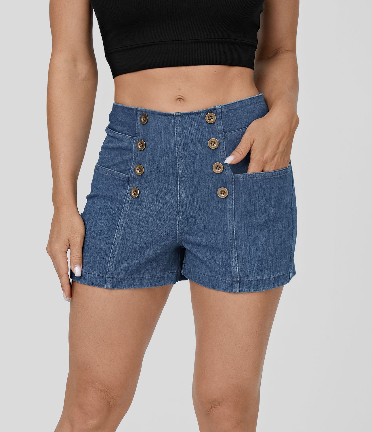 Halara Flex™ Short 2,5" en Denim Tricot Extensible Lavé Respirant à Taille Haute avec Boutons et Multiples Poches Toucher Frais