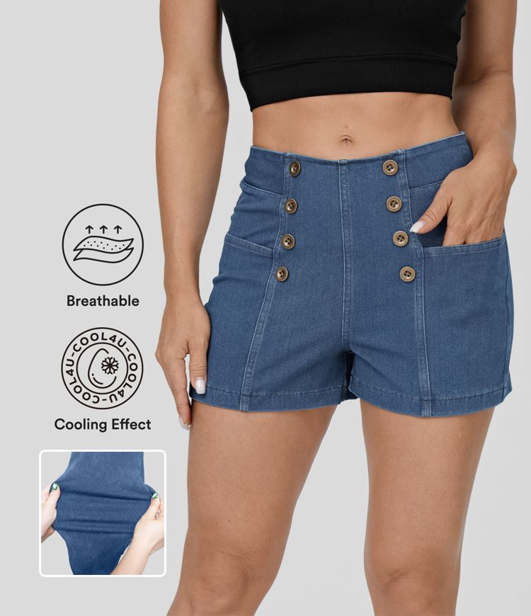 Halara Flex™ High Waisted Button Multiple Pockets  Breathable Washed Stretchy Knit Denim Casual Shorts 2.5''