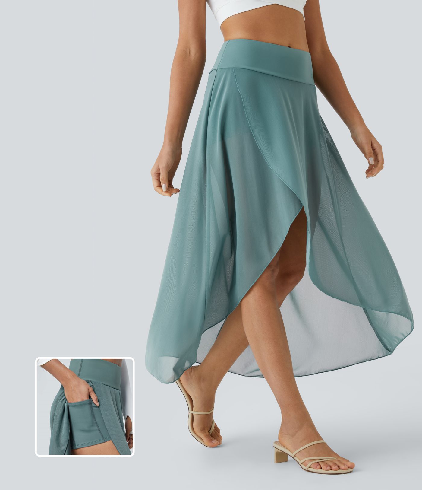 Falda larga regular malla acampanada bolsillo lateral 2 en 1 volante alto bajo tiro alto