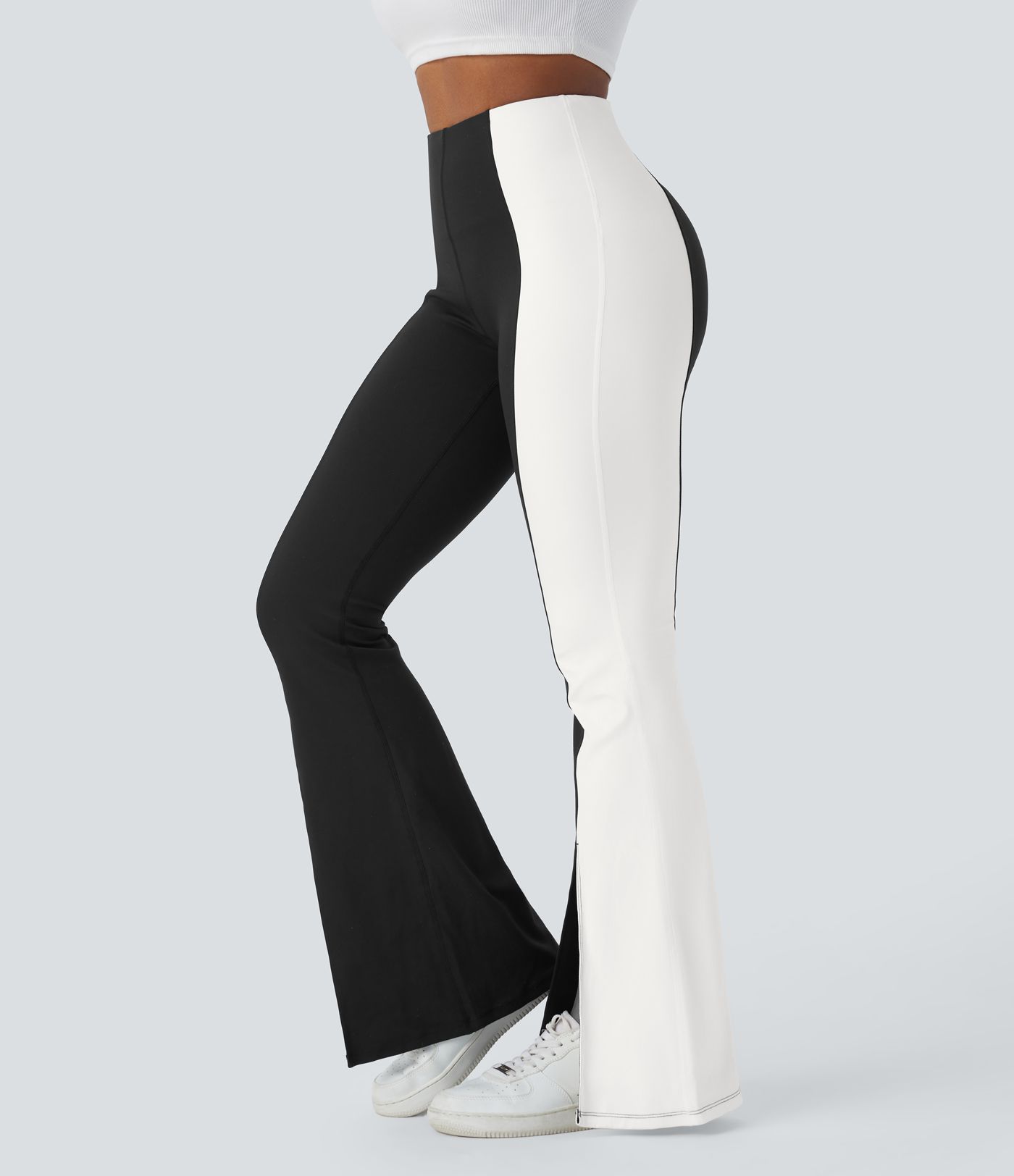 High Waisted Tummy Control Split Hem Color Block Flare Casual Leggings