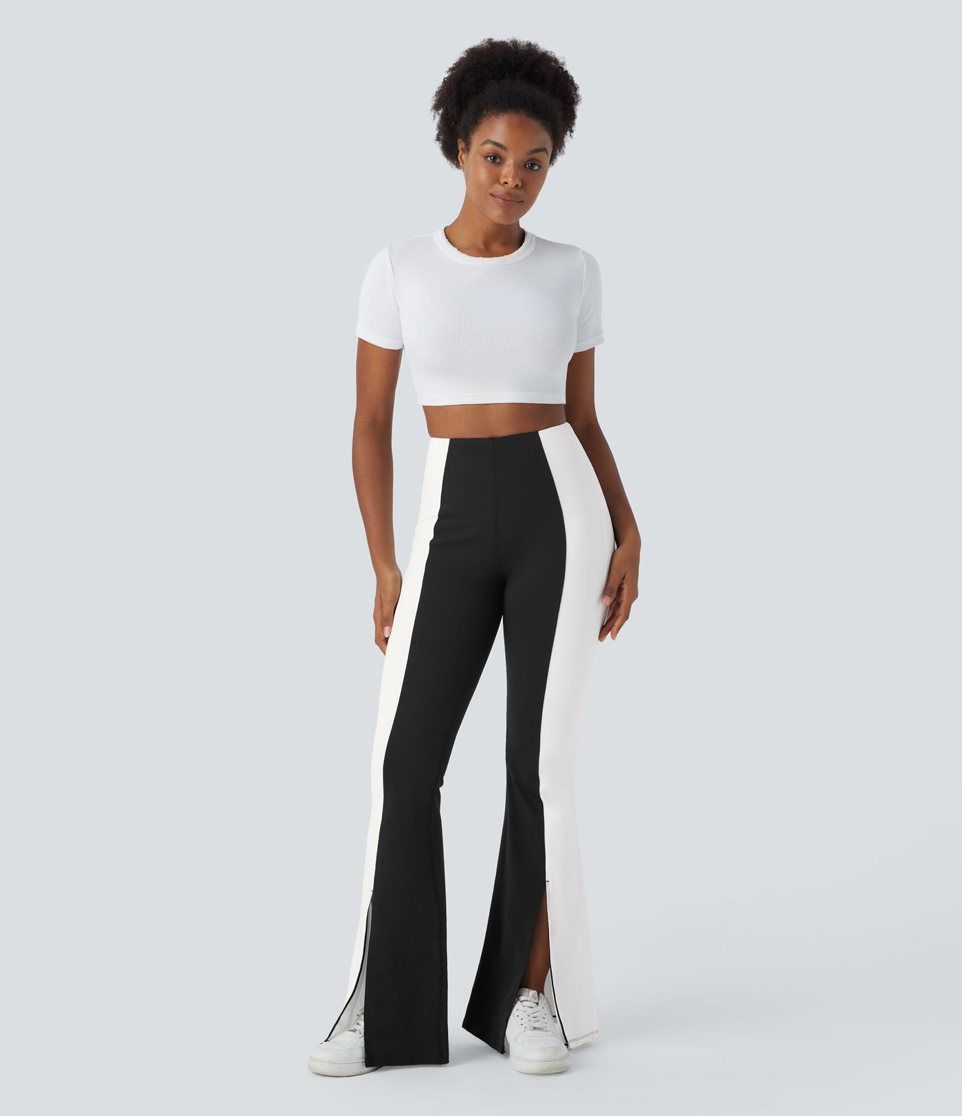 High Waisted Tummy Control Split Hem Color Block Flare Casual Leggings