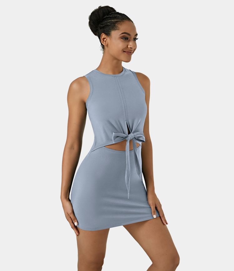 Sleeveless Cut Out Tie Back 2-Piece Pocket Mini Yoga Activity Dress