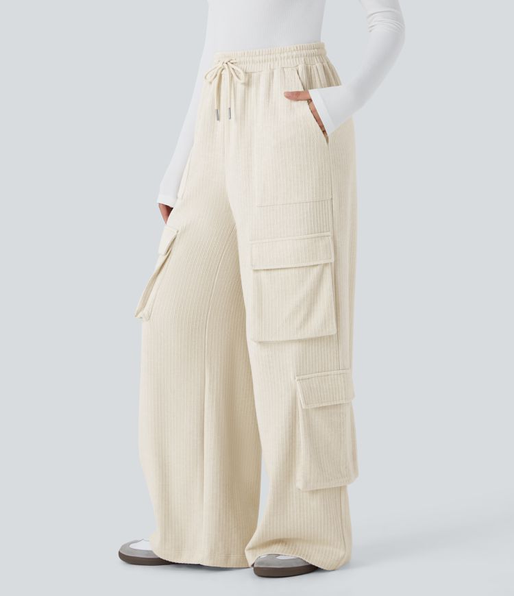 Ribbed Mid Rise Drawstring Pockets Wide Leg Cargo Casual Trousers