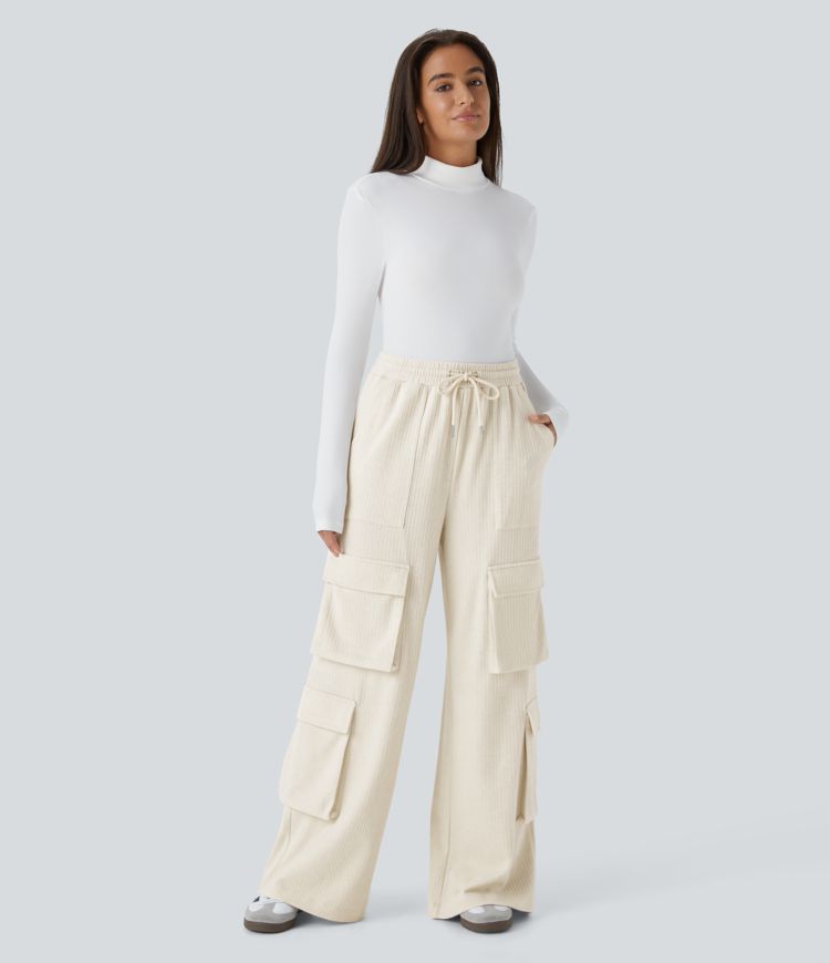 Ribbed Mid Rise Drawstring Pockets Wide Leg Cargo Casual Trousers