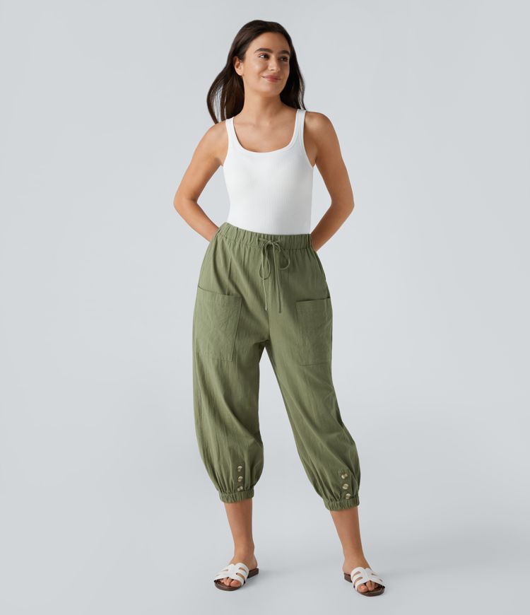 Pantalon Carotte Casual à Taille Haute avec Cordon de Serrage Poches Avant Boutons Décoratifs et Toucher Lin