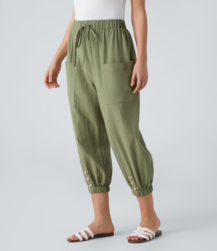 Pantalon Carotte Casual à Taille Haute avec Cordon de Serrage Poches Avant Boutons Décoratifs et Toucher Lin