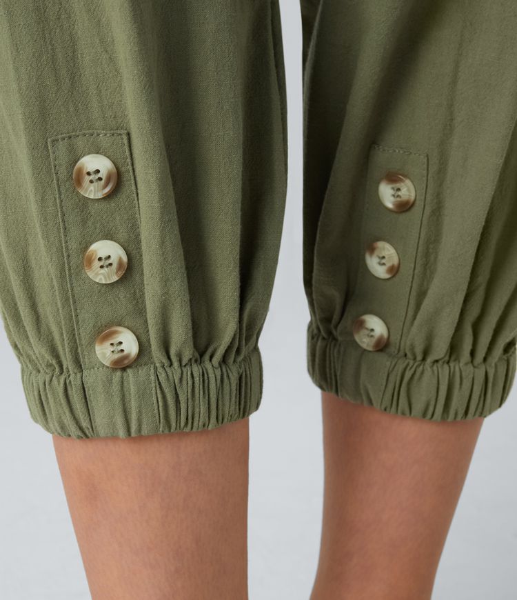 Pantalon Carotte Casual à Taille Haute avec Cordon de Serrage Poches Avant Boutons Décoratifs et Toucher Lin