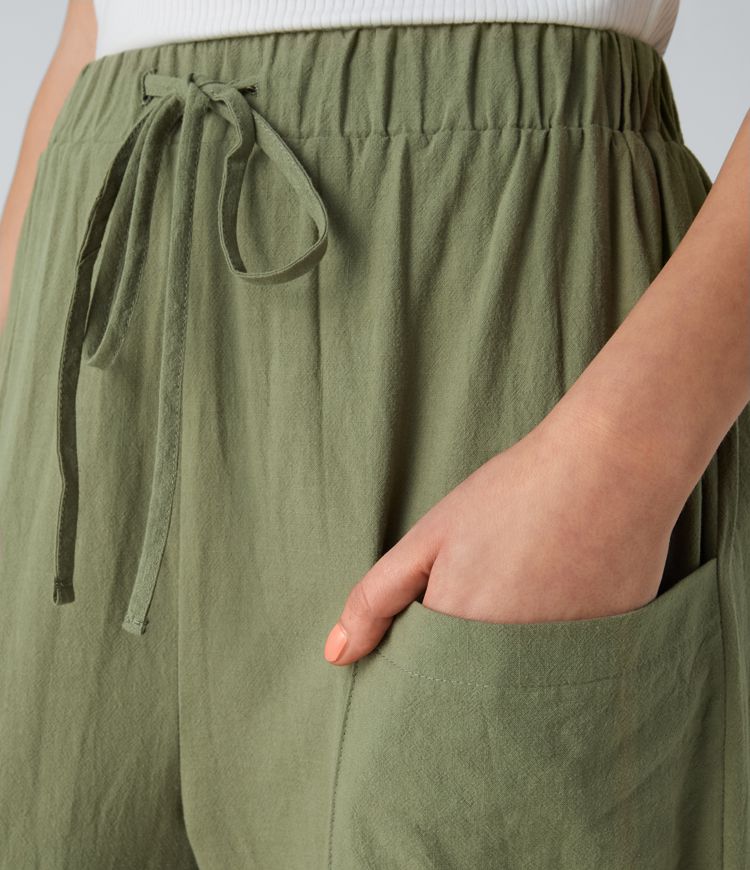 Pantalon Carotte Casual à Taille Haute avec Cordon de Serrage Poches Avant Boutons Décoratifs et Toucher Lin