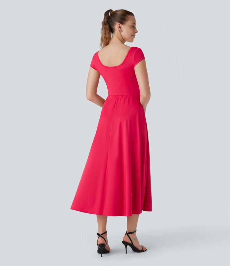 Square Neck Short Sleeve Side Pocket Flowy Midi Casual Dress
