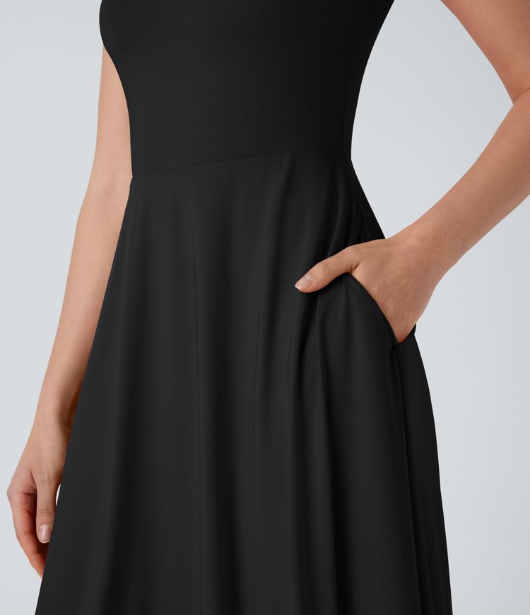 Square Neck Short Sleeve Pocket Flowy Midi Casual Dress