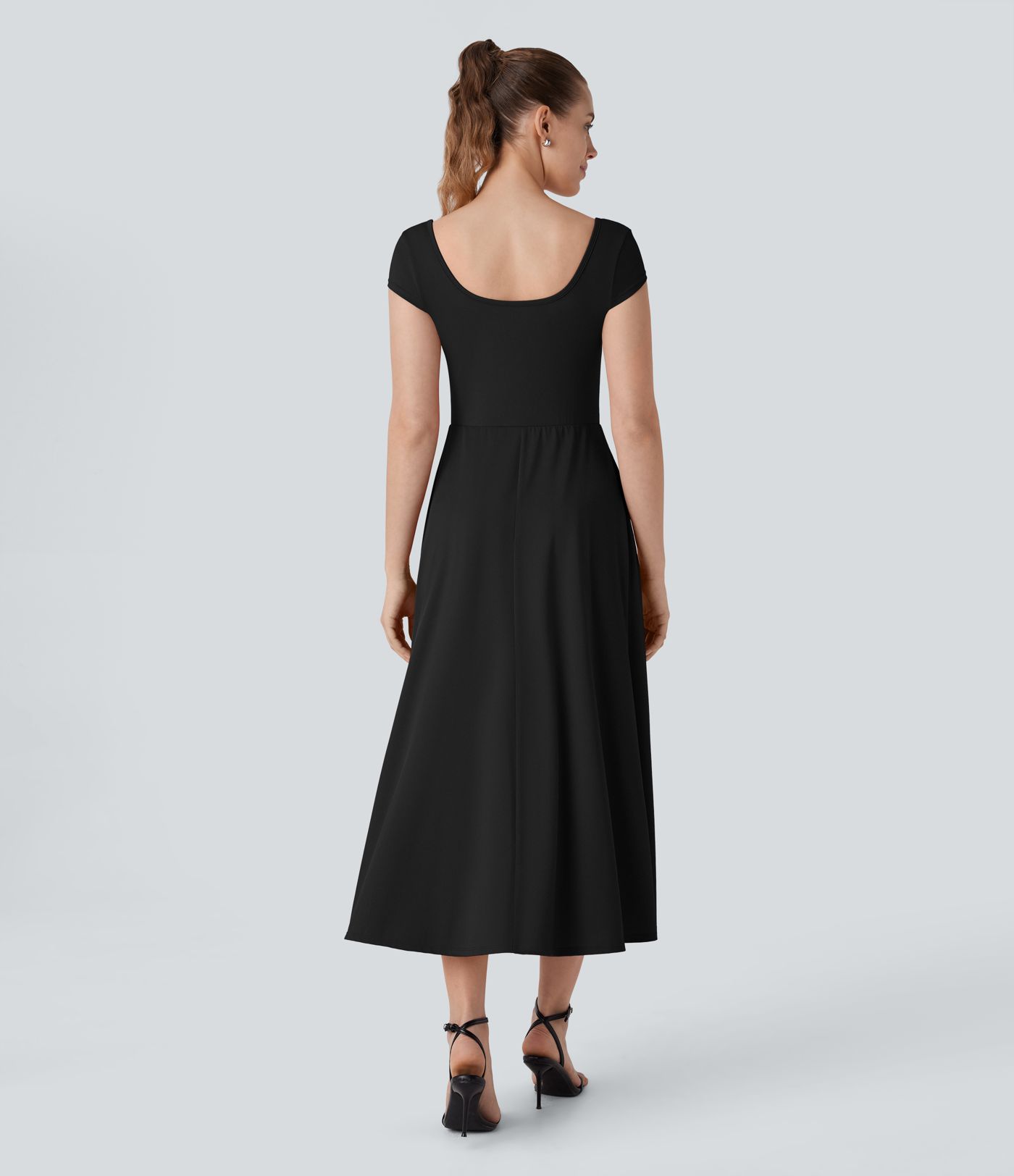 Square Neck Short Sleeve Pocket Flowy Midi Casual Dress