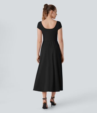 Square Neck Short Sleeve Pocket Flowy Midi Casual Dress