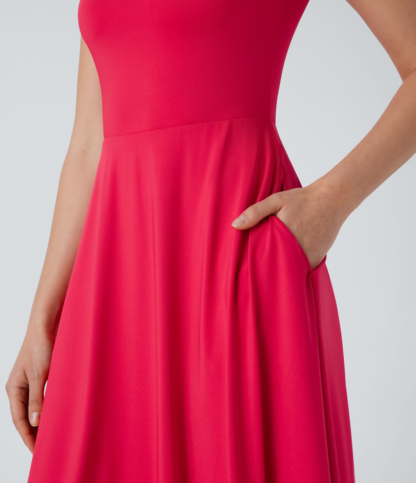 Vestido holgado midi cuello cuadrado manga corta bolsillo lateral